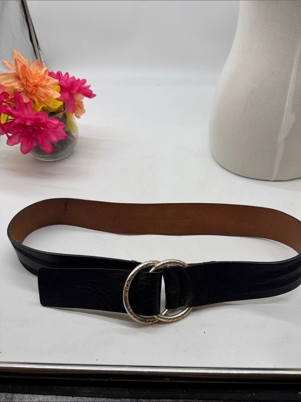 Michael Kors Black Leather Double-Ring Waist Belt